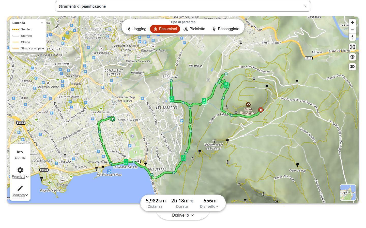 Percorso di escursione tracciato dalla riva del lago di Annecy fino al Mont Rampignon in MapPlanner, con la barra delle statistiche: 5,98 km, 2 h 18 min e 556 m di dislivello positivo