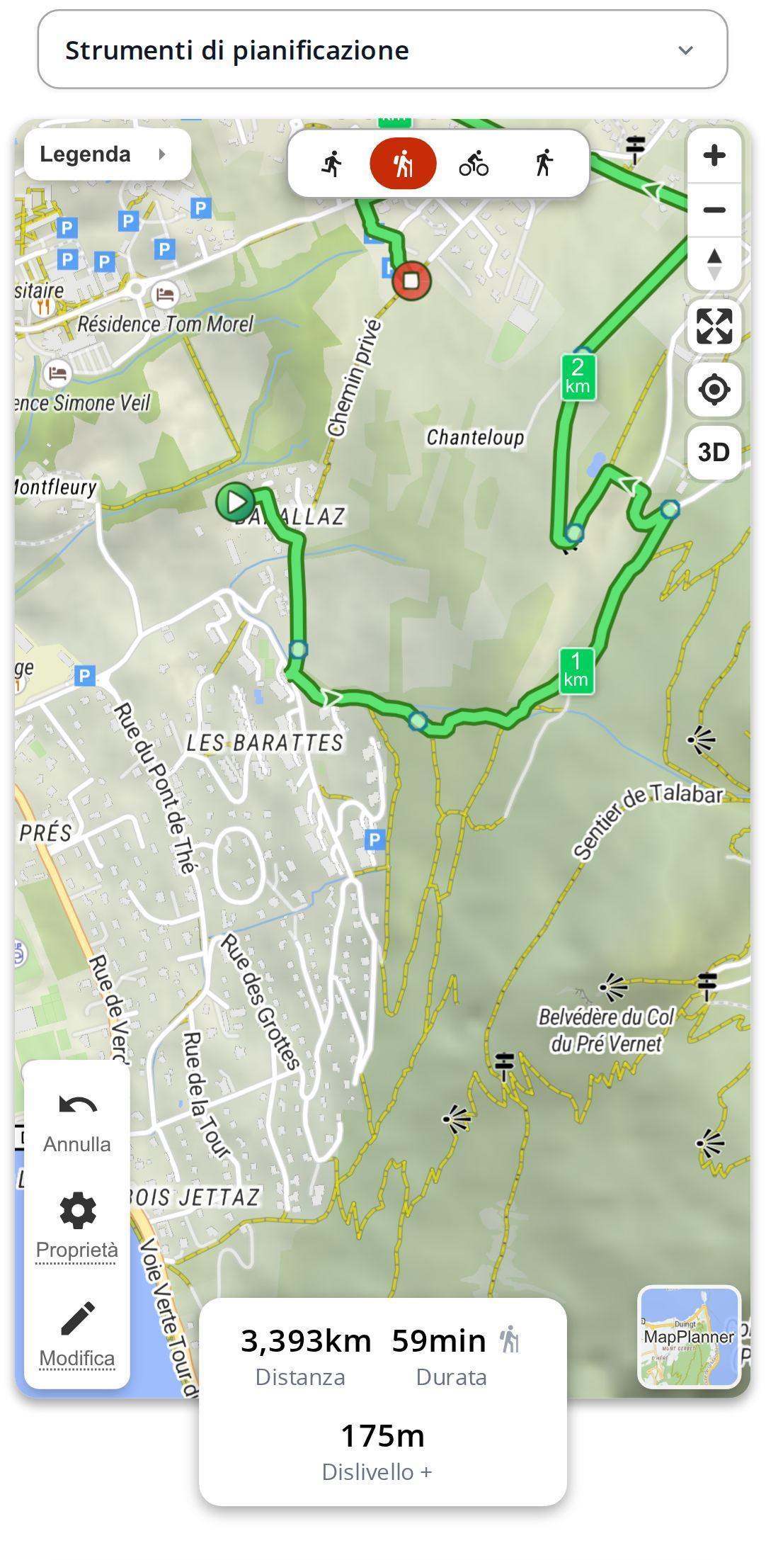 Percorso di escursione in fase di tracciamento su smartphone in MapPlanner, con la scheda delle statistiche che mostra 3,4 km, 59 min e 175 m di dislivello positivo