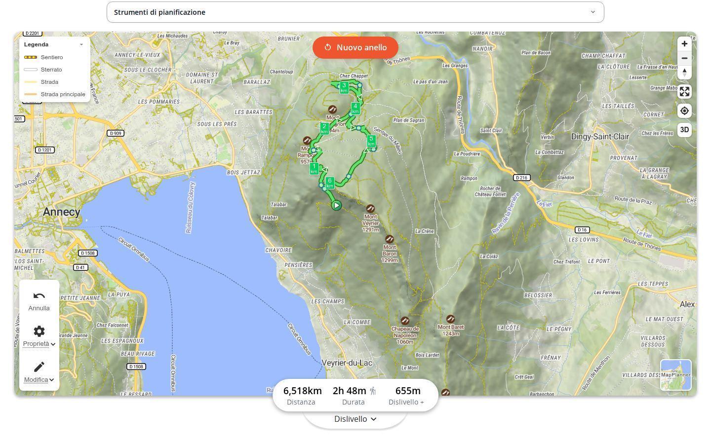 Anello di escursione generato intorno al Mont Rampon e al Mont Rampignon sopra Annecy in MapPlanner, con il pulsante per generare un nuovo anello e le statistiche del percorso: 6,5 km, 2 h 48 min e 655 m di dislivello positivo