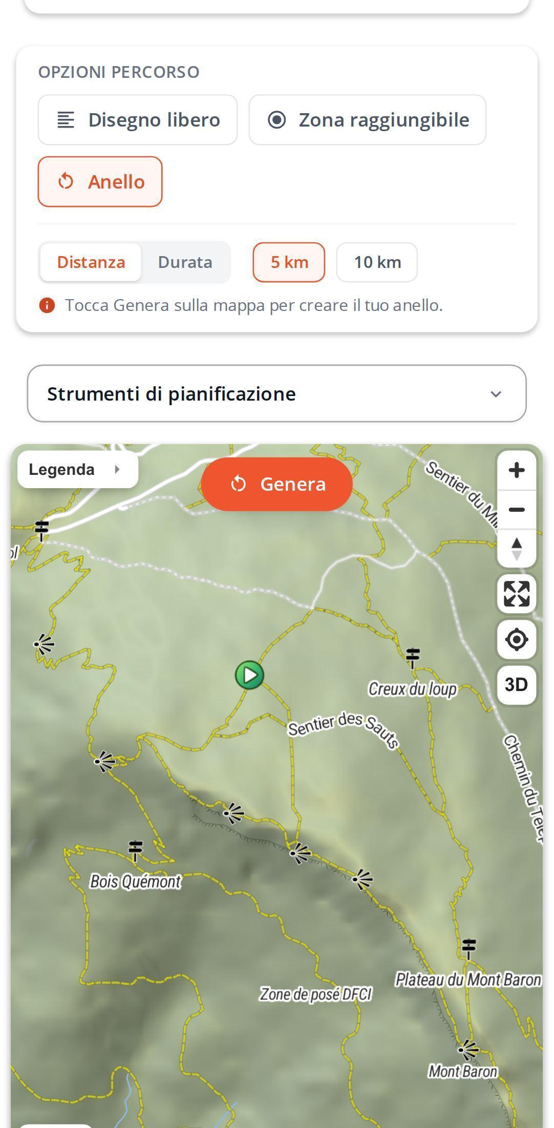 Opzioni dell'anello su smartphone in MapPlanner: modalità anello selezionata, scelta tra distanza e durata, valori 5 km e 10 km con il pulsante per generare sulla mappa accanto al punto di partenza