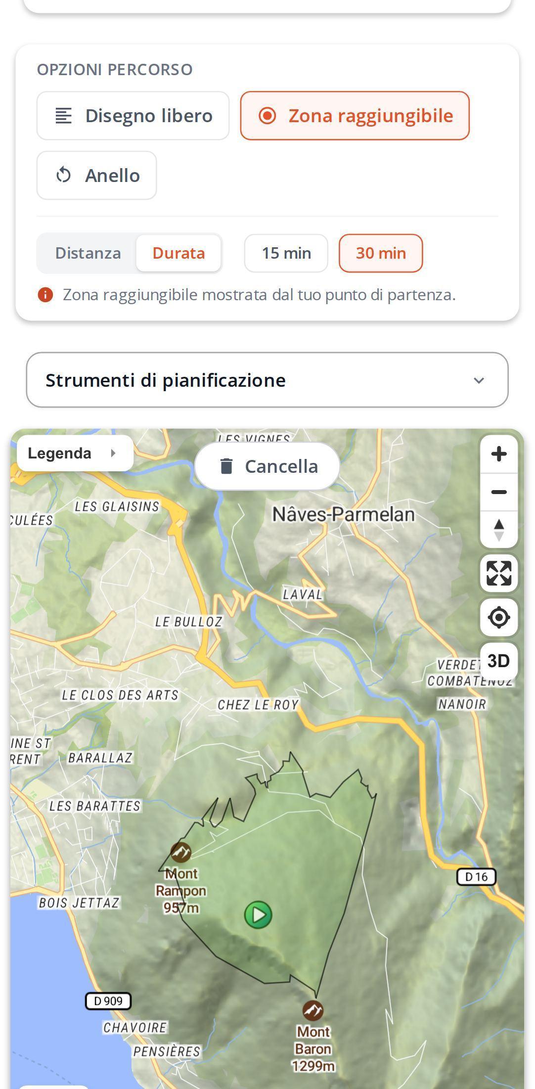 Opzioni percorso su smartphone in MapPlanner: zona raggiungibile selezionata, scelta tra distanza e durata, valori 15 min e 30 min con la zona colorata intorno al punto di partenza