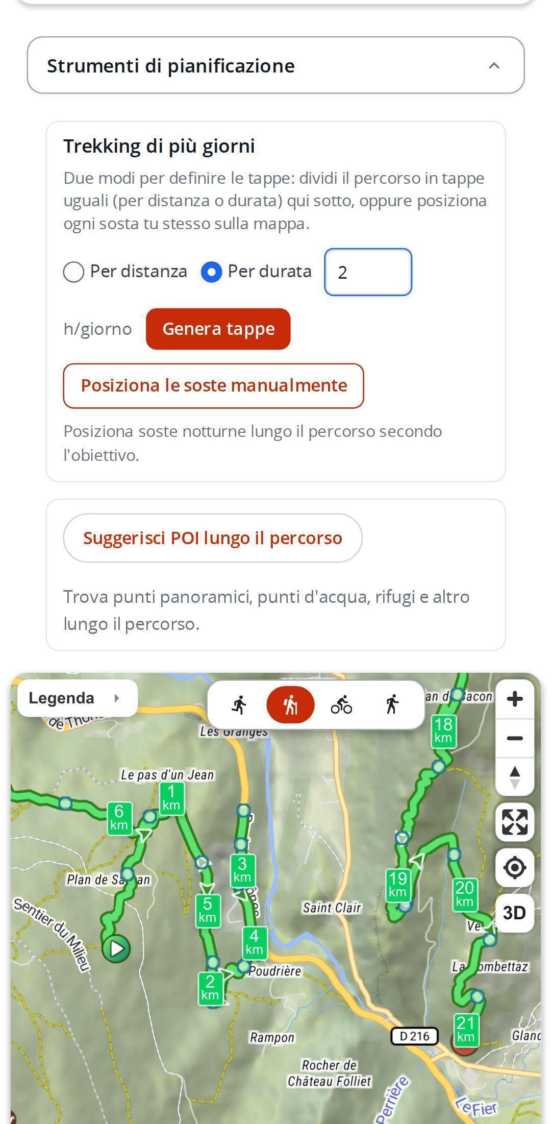 Blocco per il trekking di più giorni su smartphone in MapPlanner, con la scelta tra distanza e durata, il valore in ore al giorno e i pulsanti per generare le tappe o posizionarle a mano