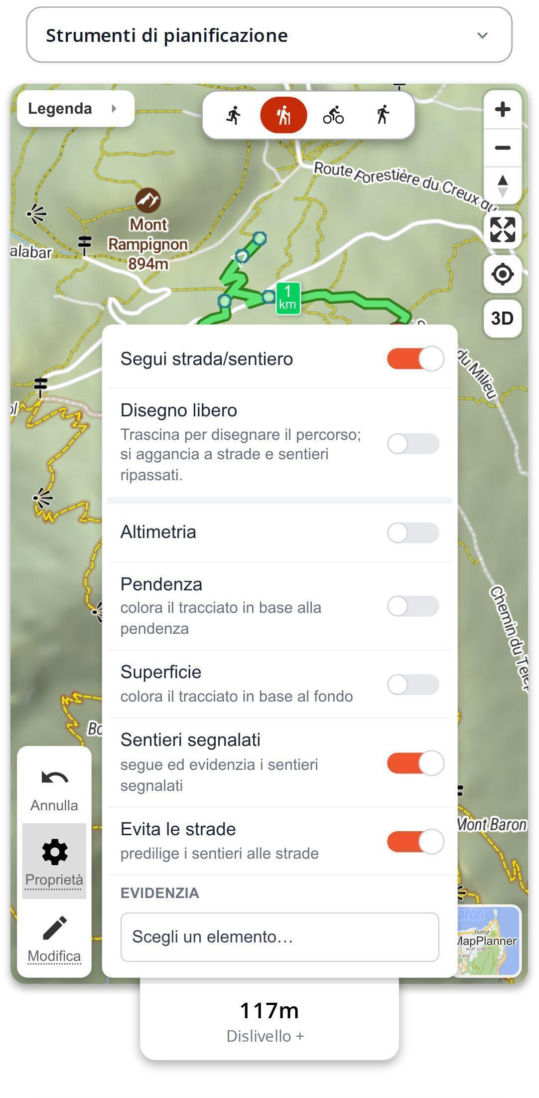 Proprietà della mappa aperte su smartphone in MapPlanner con gli interruttori dei sentieri segnalati e per evitare le strade attivi, sopra una mappa in cui risaltano i sentieri segnalati