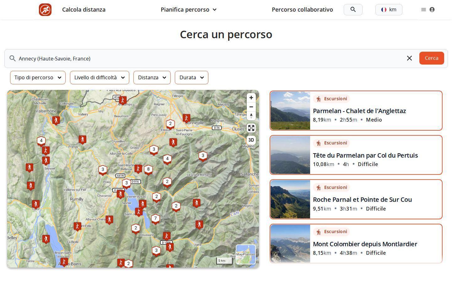 Pagina di ricerca dei percorsi di MapPlanner su computer: mappa dei percorsi trovati intorno ad Annecy, elenco dei risultati a destra e filtri per tipo di percorso, livello di difficoltà, distanza e durata