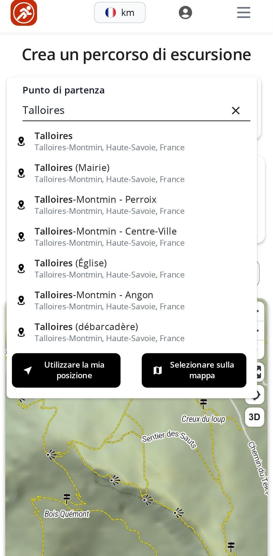 Ricerca di un luogo su smartphone nel pianificatore MapPlanner: campo di ricerca con l'elenco dei suggerimenti e i pulsanti per usare la propria posizione o selezionare un punto sulla mappa