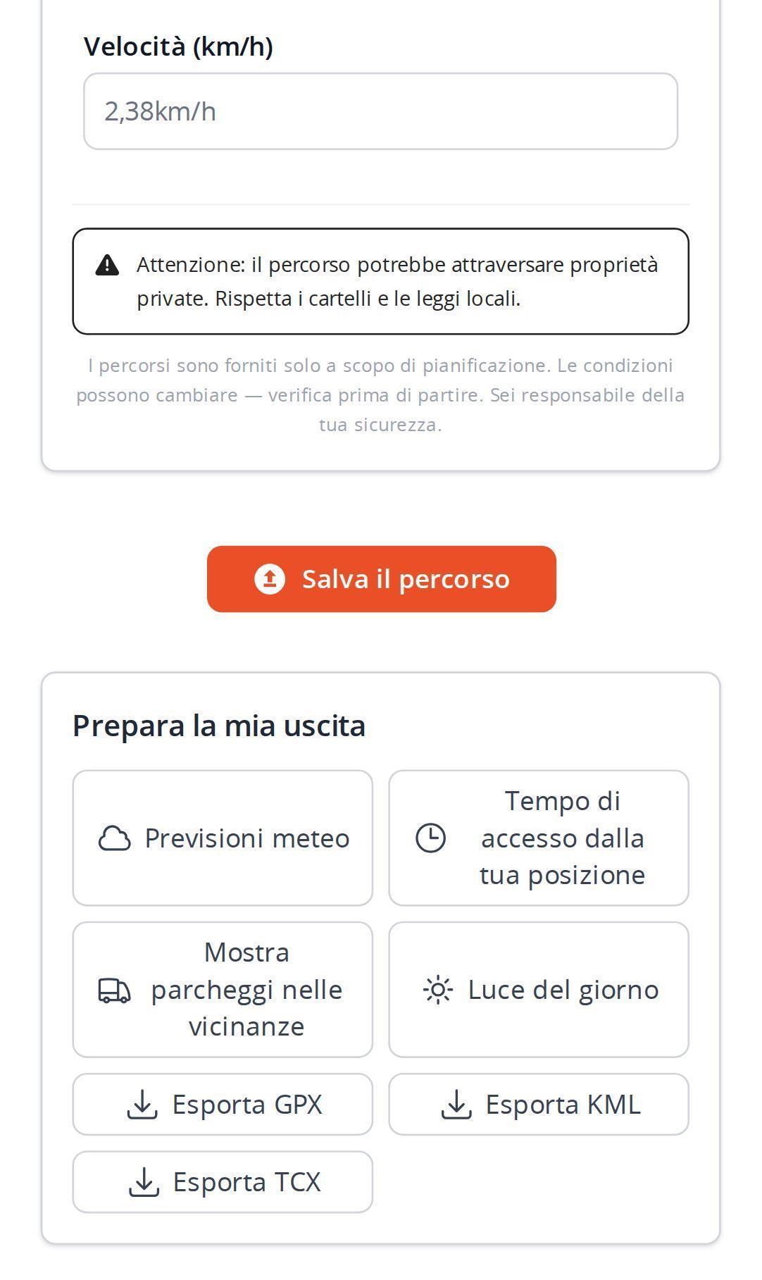 Opzioni di esportazione su smartphone nel pianificatore MapPlanner, con i pulsanti GPX, KML e TCX sotto un percorso tracciato