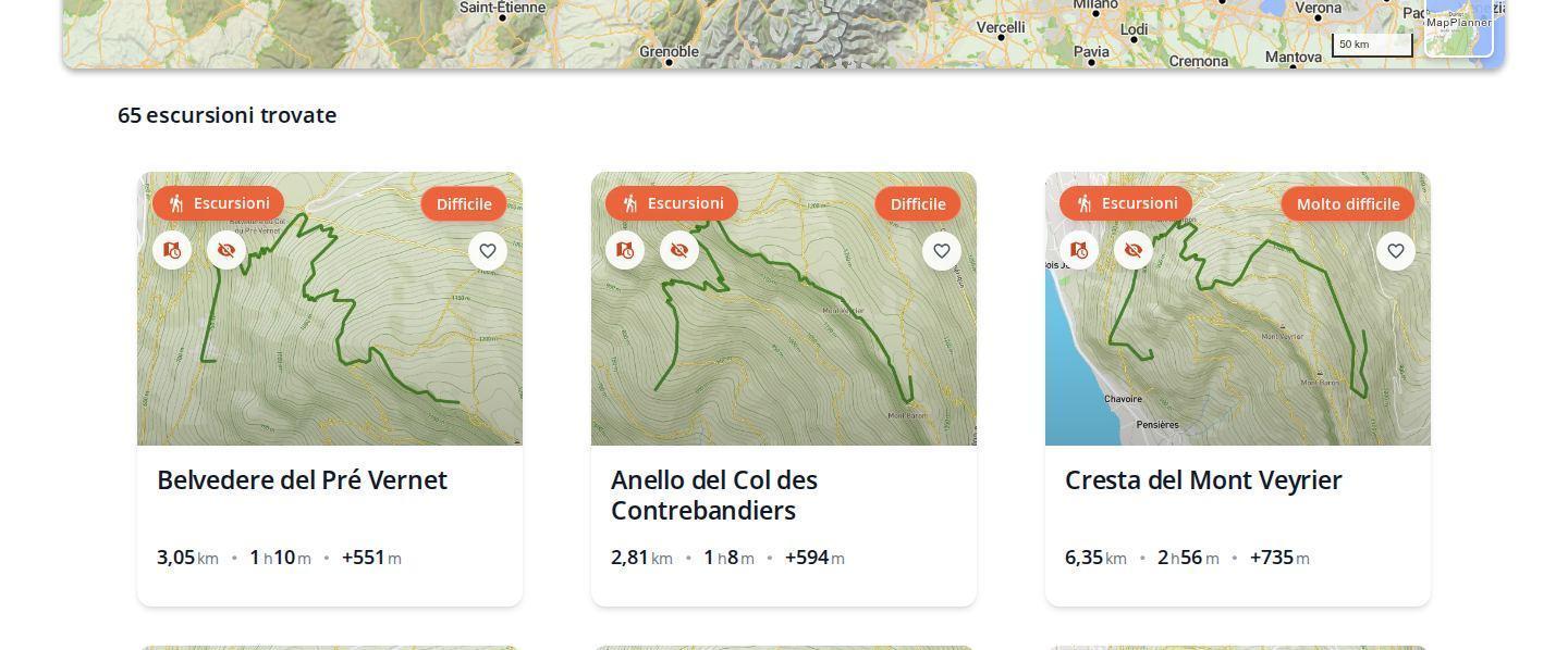 Elenco dei percorsi pianificati in MapPlanner su computer, con diverse escursioni salvate, la loro mappa, distanza, durata e dislivello