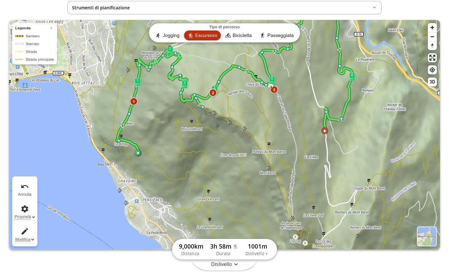 Percorso di escursione sopra il lago di Annecy in MapPlanner su computer, con tre tappe numerate sul tracciato e le statistiche: 9,0 km, 3 h 58 min e 1001 m di dislivello positivo