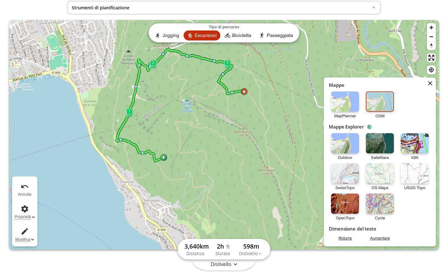 Pianificatore MapPlanner su computer con il pannello delle mappe aperto: anteprime MapPlanner e OSM, poi Outdoor, Satellitare, IGN, SwissTopo, OS Maps, USGS Topo, OpenTopo e Cycle riservate all'offerta Explorer, con l'impostazione della dimensione del testo