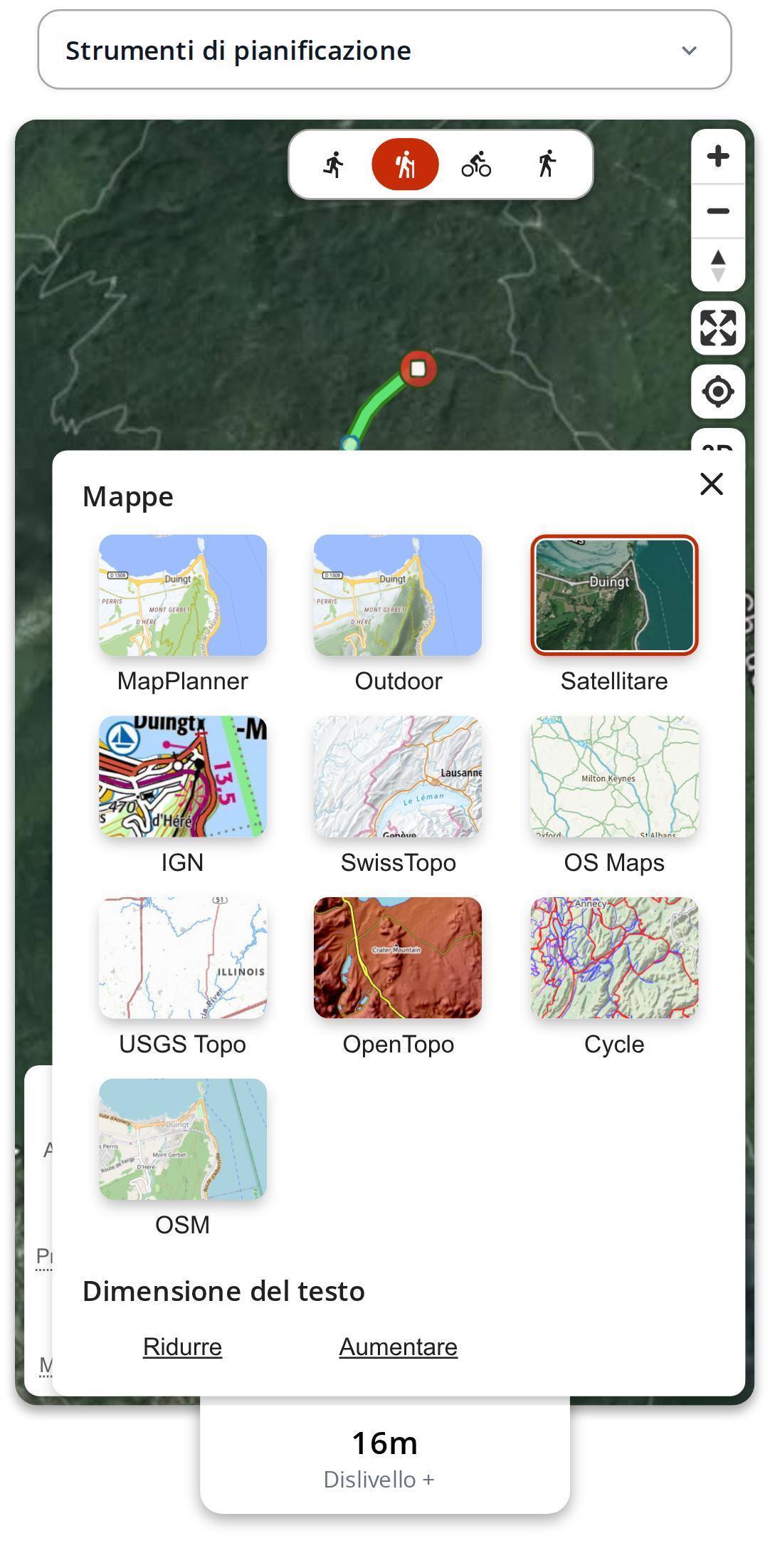 Pannello delle mappe aperto su smartphone in MapPlanner, con la vista satellitare selezionata e l'impostazione della dimensione del testo