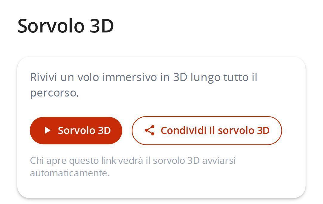 Riquadro Sorvolo 3D nella pagina di un percorso MapPlanner, con i pulsanti Sorvolo 3D e Condividi il sorvolo 3D