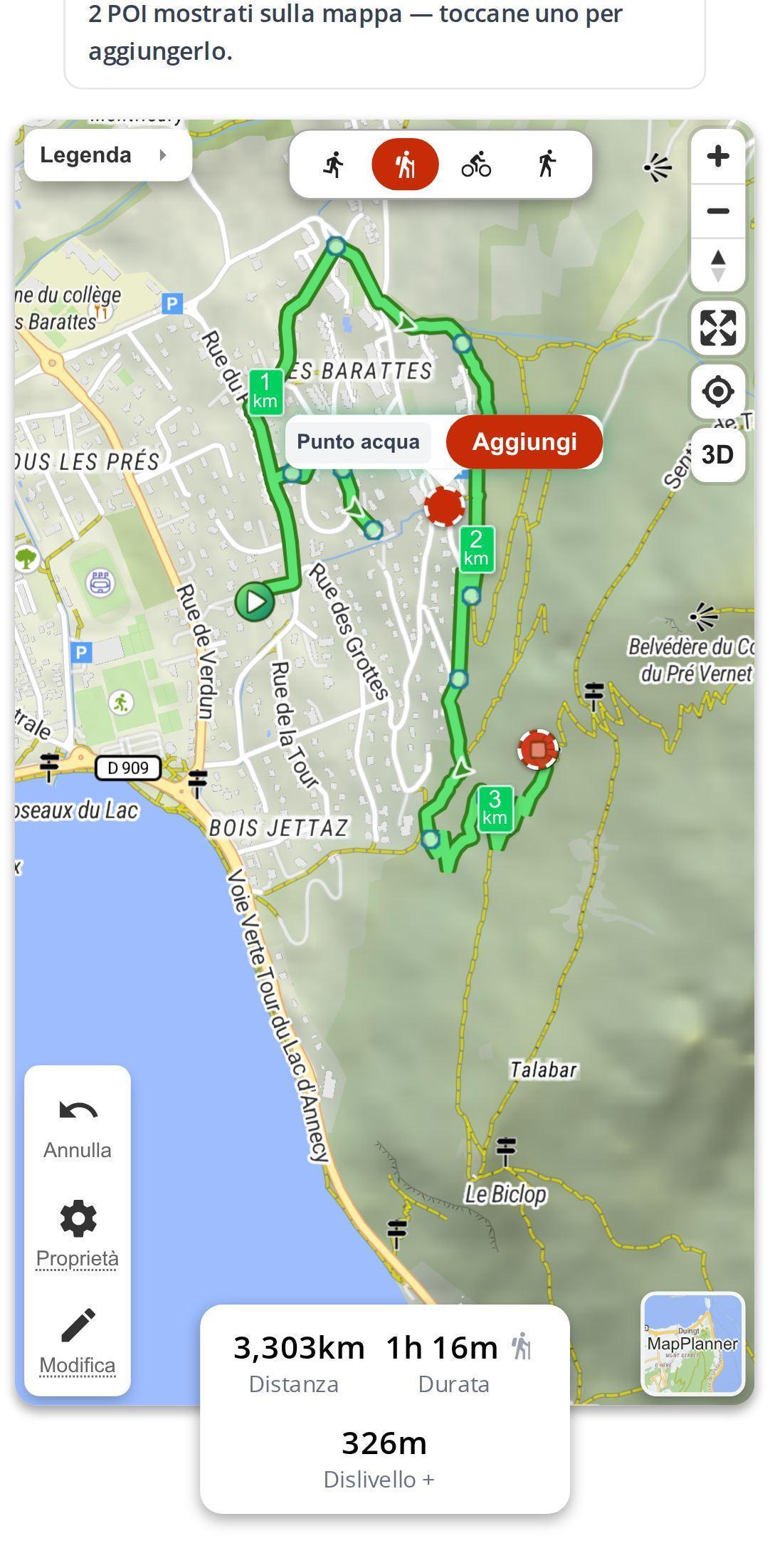 Suggerimenti di POI su smartphone in MapPlanner: indicatori lungo il tracciato e la finestrella di un punto d'acqua con il pulsante Aggiungi