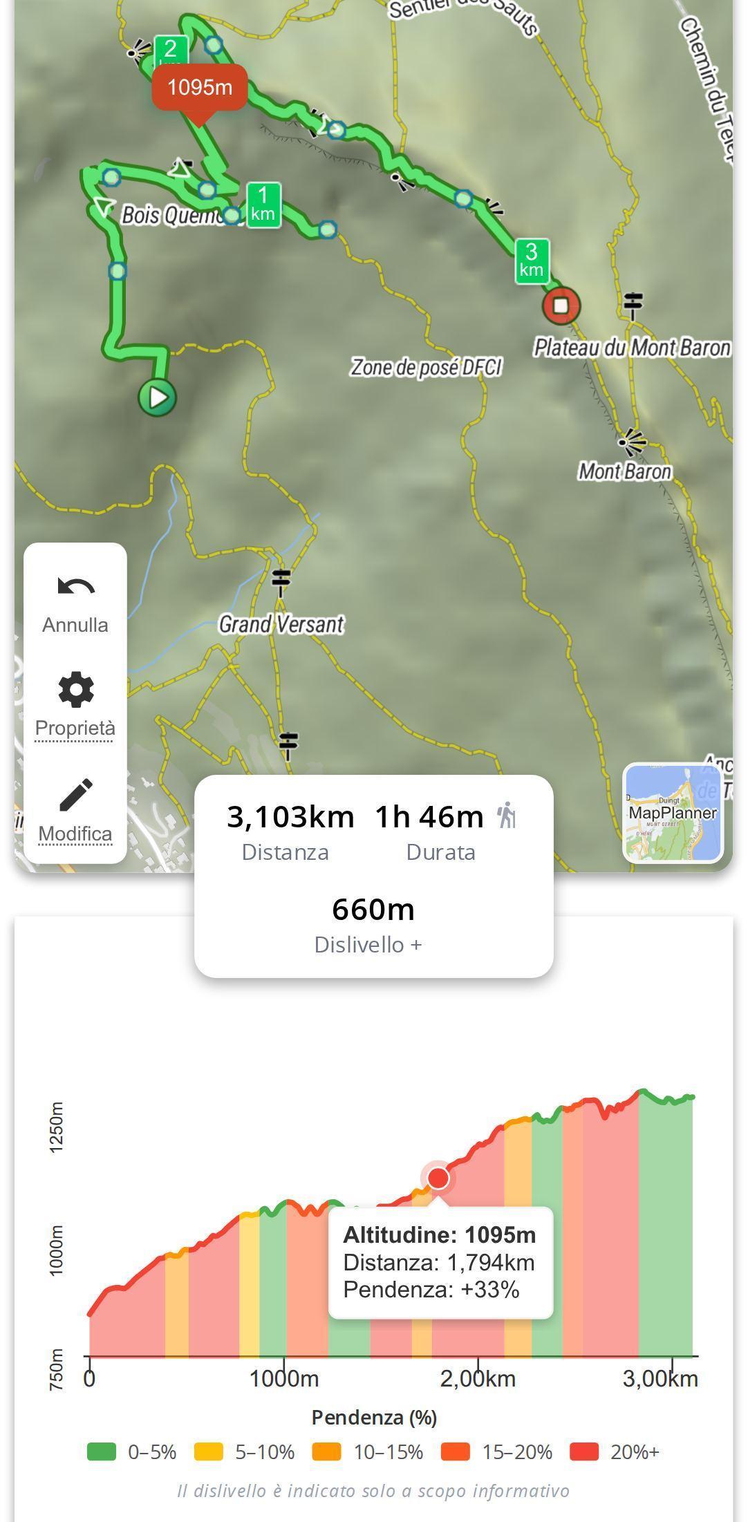 Profilo altimetrico di un percorso su smartphone in MapPlanner, con il fumetto che indica altitudine, distanza e pendenza nel punto toccato e l'indicatore corrispondente sulla mappa