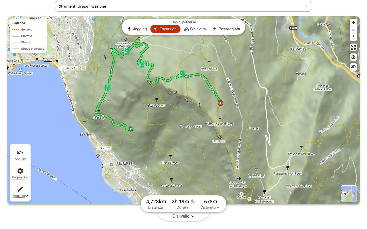 Itinerario di escursione tracciato nel pianificatore di MapPlanner, con la barra delle statistiche che mostra distanza, durata stimata e dislivello positivo