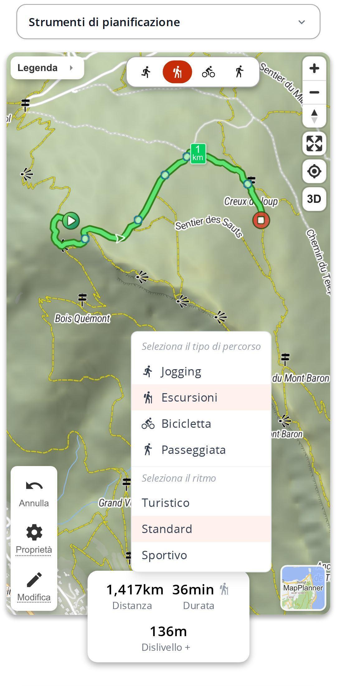 Menu della durata stimata su smartphone in MapPlanner, con la scelta del tipo di percorso e del ritmo: turistico, standard o sportivo