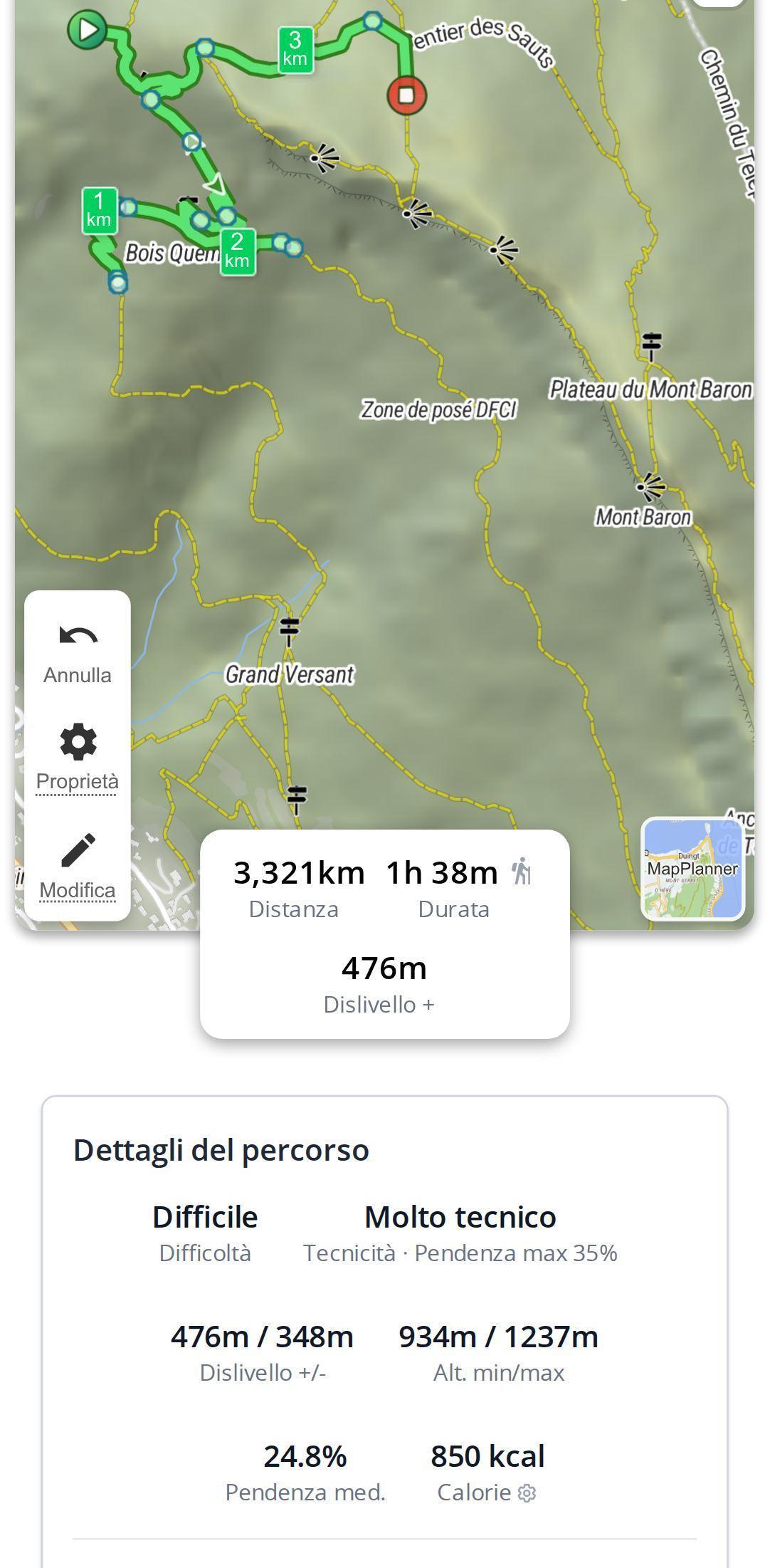 Difficoltà e tecnicità di un'escursione su smartphone in MapPlanner, visualizzate nei dettagli del percorso sotto la mappa