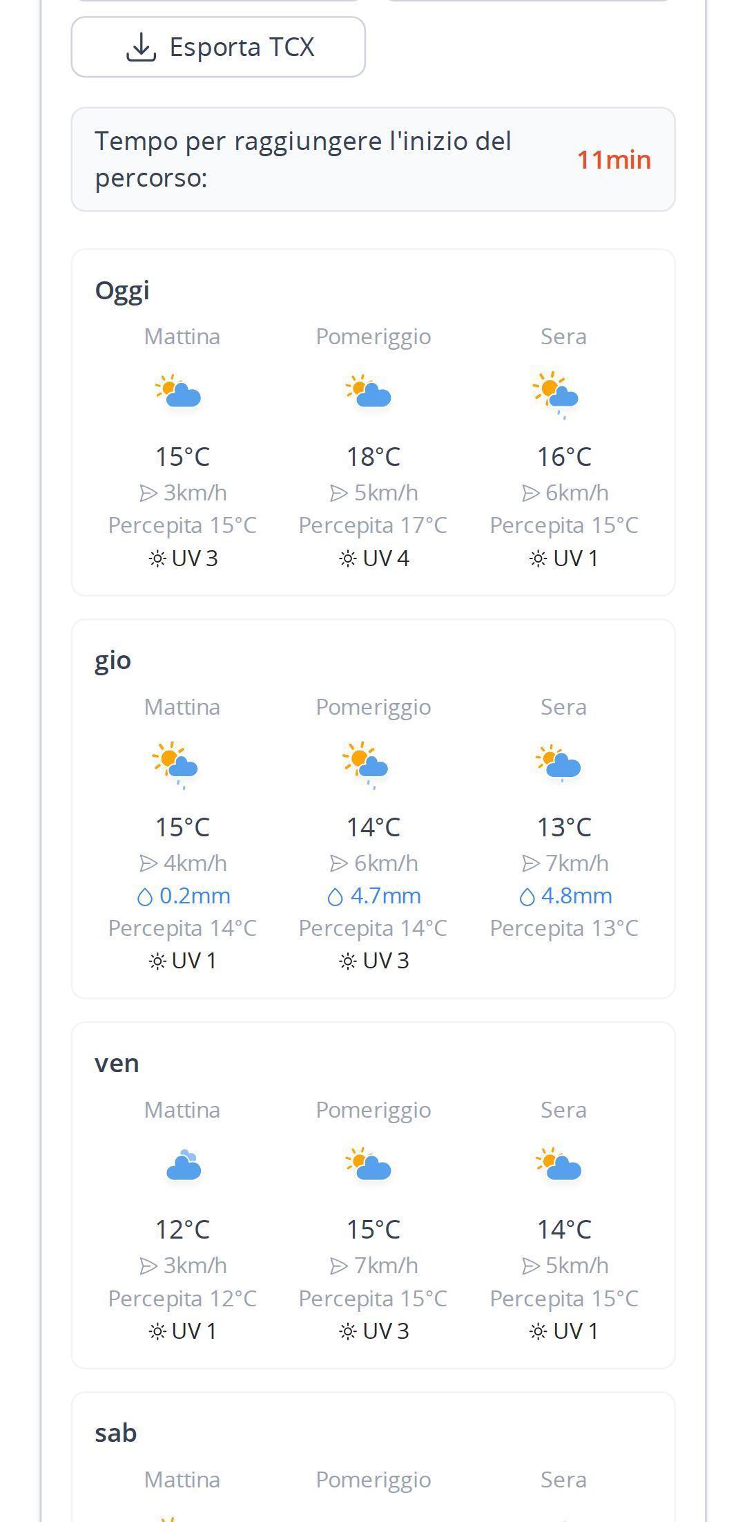 Previsioni meteo dettagliate al punto di partenza su smartphone in MapPlanner, con mattina, pomeriggio e sera per ogni giorno, temperatura, vento, pioggia, temperatura percepita e indice UV