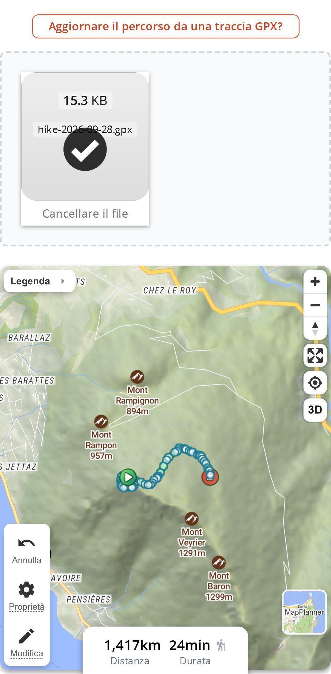 Aggiornamento di un percorso da una traccia GPX su smartphone in MapPlanner: file caricato e traccia mostrata sulla mappa con distanza e tempo