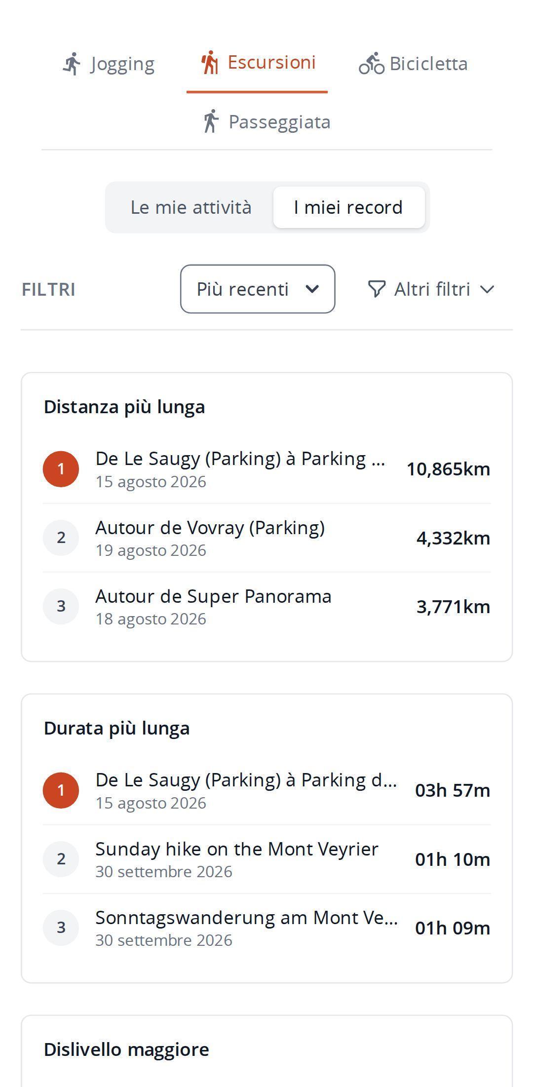 Vista dei record su smartphone in MapPlanner, con le tre escursioni migliori per distanza più lunga e durata più lunga insieme alla loro data