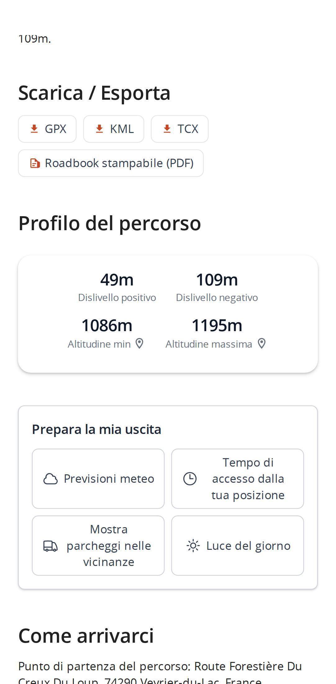 Opzioni di esportazione della pagina di un percorso su smartphone in MapPlanner: file GPX, KML e TCX e roadbook stampabile in PDF