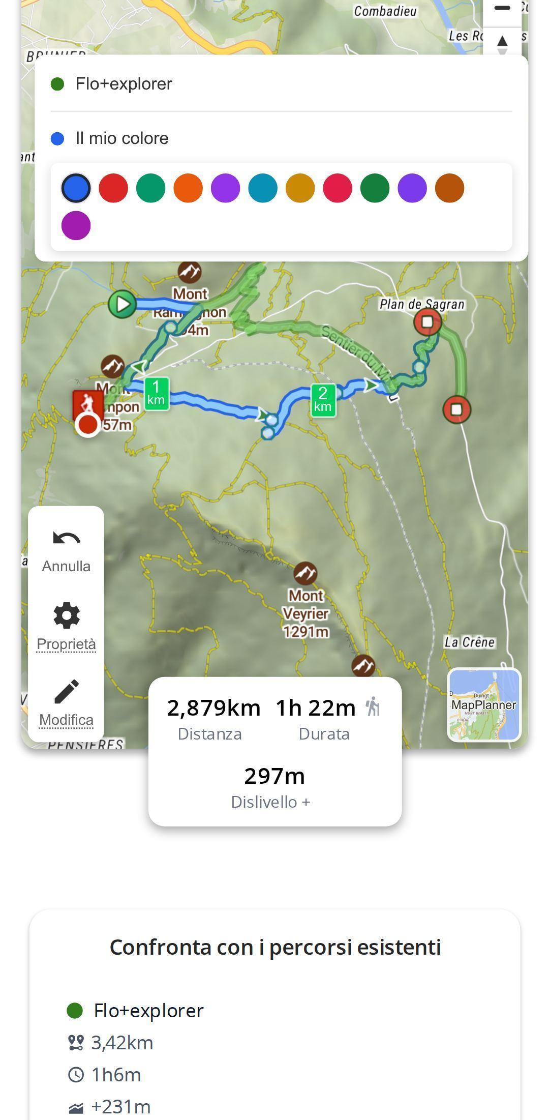 Proposta di un percorso alternativo su smartphone in MapPlanner: tracciato in corso sulla mappa, scelta del colore del partecipante e tabella di confronto con i percorsi esistenti