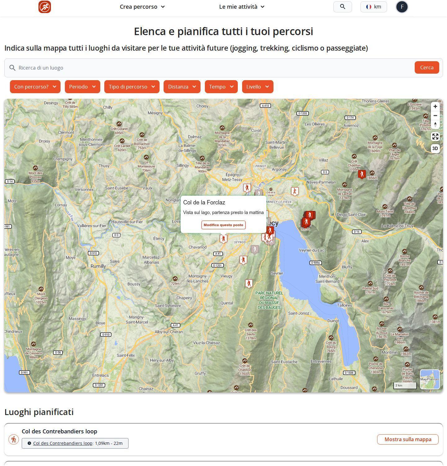 Pagina di pianificazione di MapPlanner su computer: mappa con diversi luoghi pianificati e il fumetto di un luogo aperto, filtri sopra la mappa ed elenco dei luoghi pianificati sotto