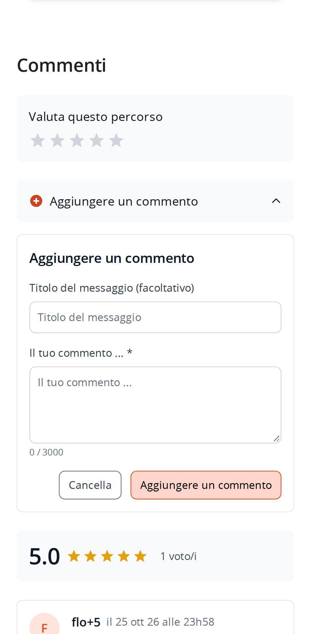 Sezione commenti di un percorso su smartphone in MapPlanner: stelle per valutare il percorso, modulo per aggiungere un commento aperto e voto medio sotto